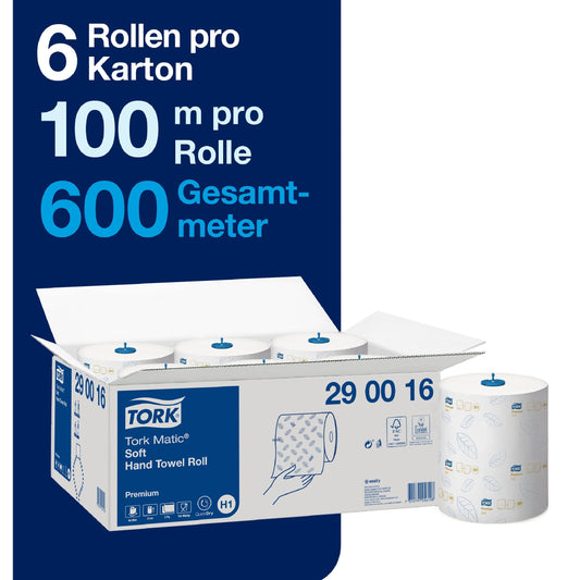 Tork Matic Soft Roll Towel Premium 290016 - H1 Premium hand towel rolls for towel dispensers, high absorbency, strong, 2-ply, white - 6 paper rolls x 100m