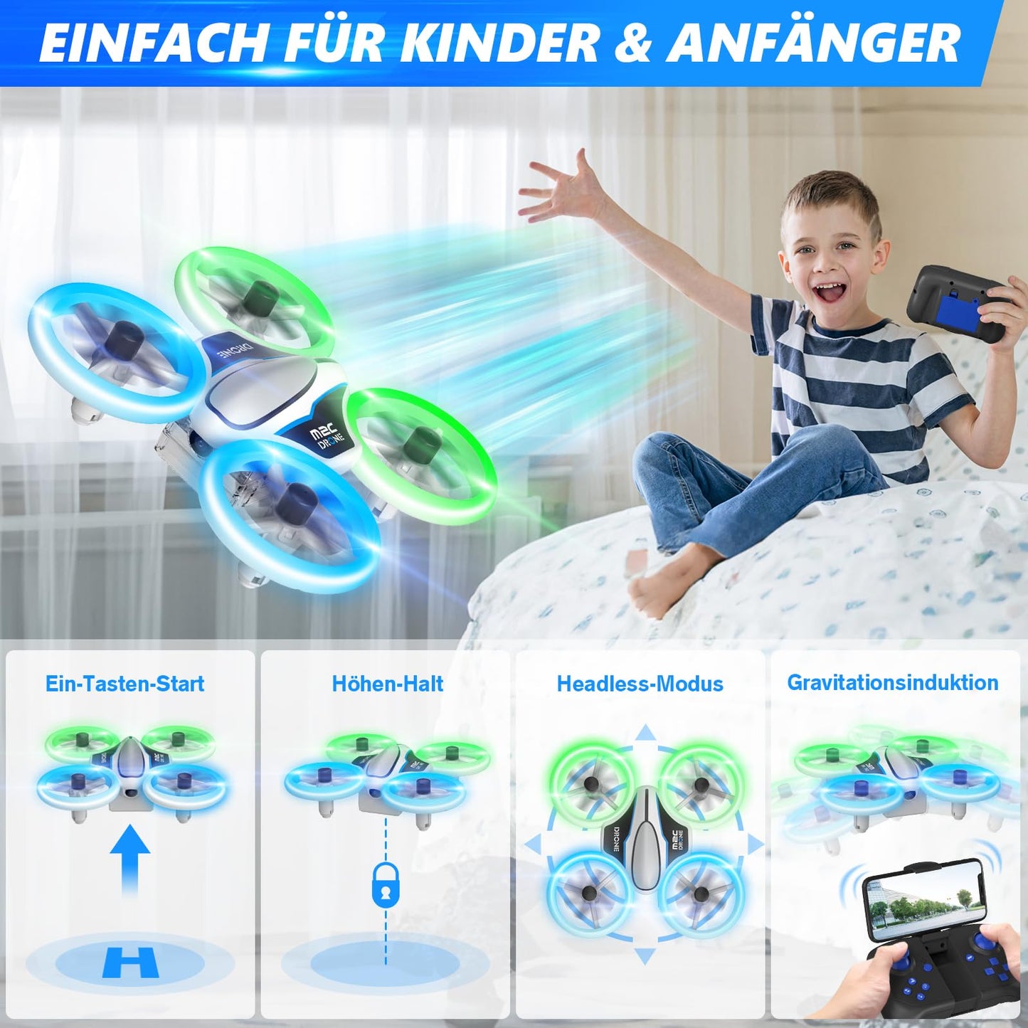 Mini drone with HD 720P camera for kids, RC drone with LED lights, quadcopter with 3D flips, headless mode and 3 batteries, 21 mins long flight time, toy drone helicopter for kids and beginners.