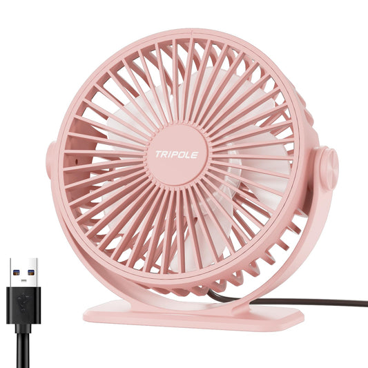 TriPole Fan: Quiet, 3-speed mini fan. Powerful portable USB desk fan with 360° rotation. Small electric fan for office, bedroom, and travel. Pink color.