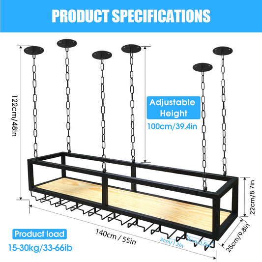 DSVONAUS Ceiling Shelf Wine Rack with Glass Holder, Hanging Metal Wine Bottle Holder, Adjustable Height Industrial Ceiling Wine Rack, Ceiling Decor Shelf for Bars, Restaurants, Kitchens (140×25×100cm)