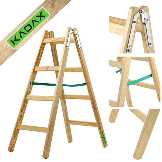 KADAX Wooden Step Ladder, Folding Painter's Ladder with Steel Hooks, Electrician's Ladder, Household Ladder (4 Steps) - Supports up to 150 kg.