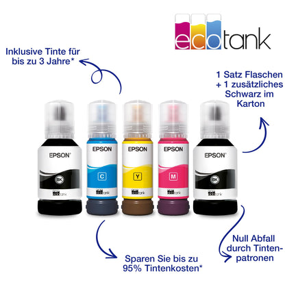 Epson EcoTank ET-3850 A4 multifunction Wi-Fi ink tank printer, with included ink supply lasting up to 3 years.