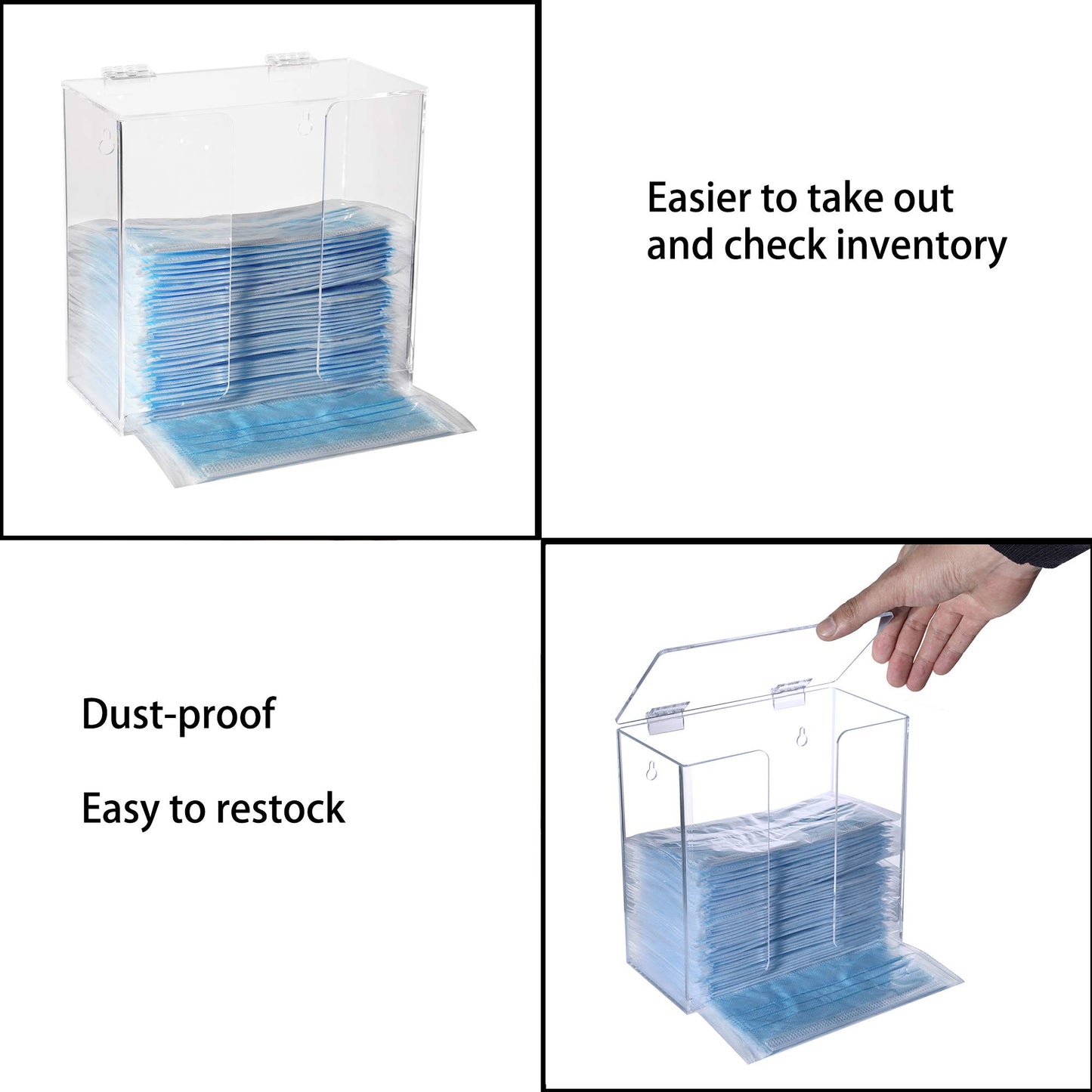 KOEMEHR Mask dispenser box with lid acrylic wall mount storage box for masks, gloves, napkins, hairnets, transparent