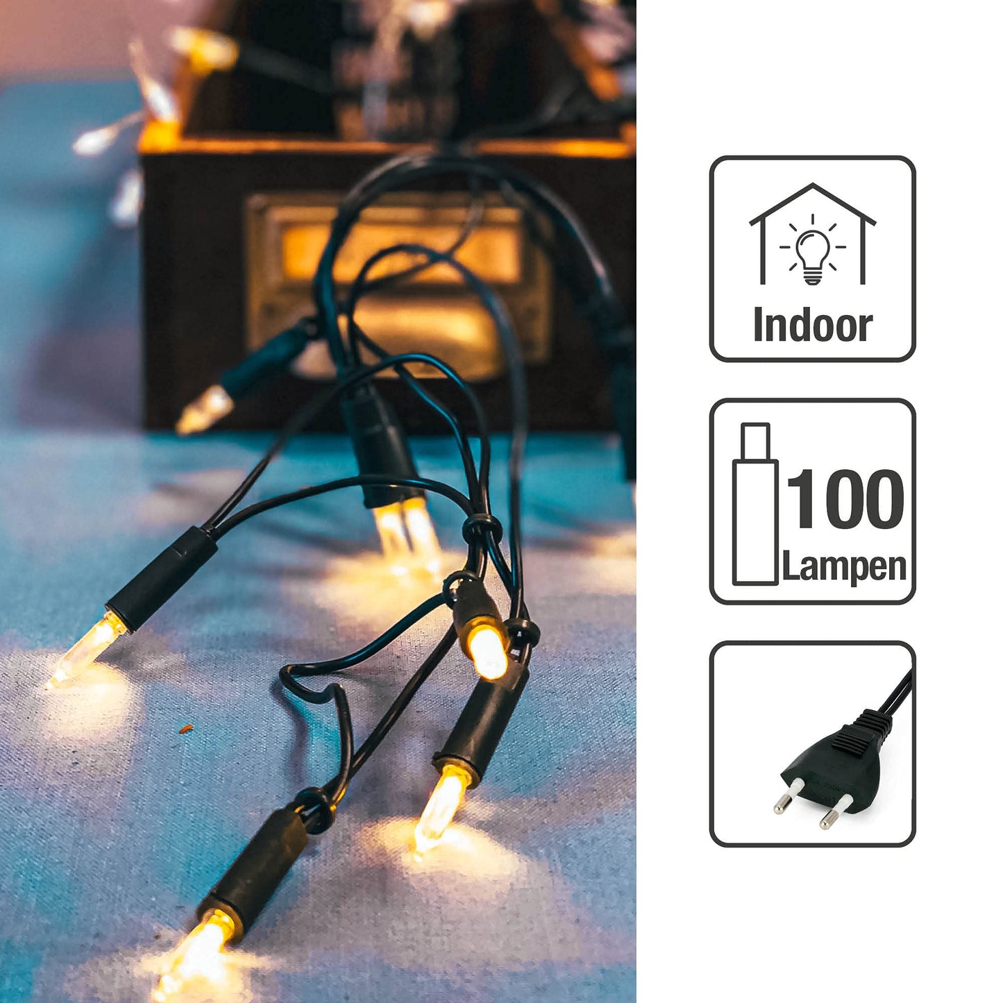 Illuminated indoor string lights powered by electricity, mini string lights with 100 clear warm bulbs, 14.85m lit up, green cable with 100 lights and plug for Christmas <59 lumens 839012