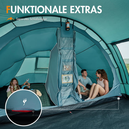 Portal tent for 5-6 people, tunnel design, waterproof 3000mm. Luxury camping tent with 2 sleeping cabins, standing height, vestibule, large floor, ideal for families, groups, camping, travel, trekking, and garden.