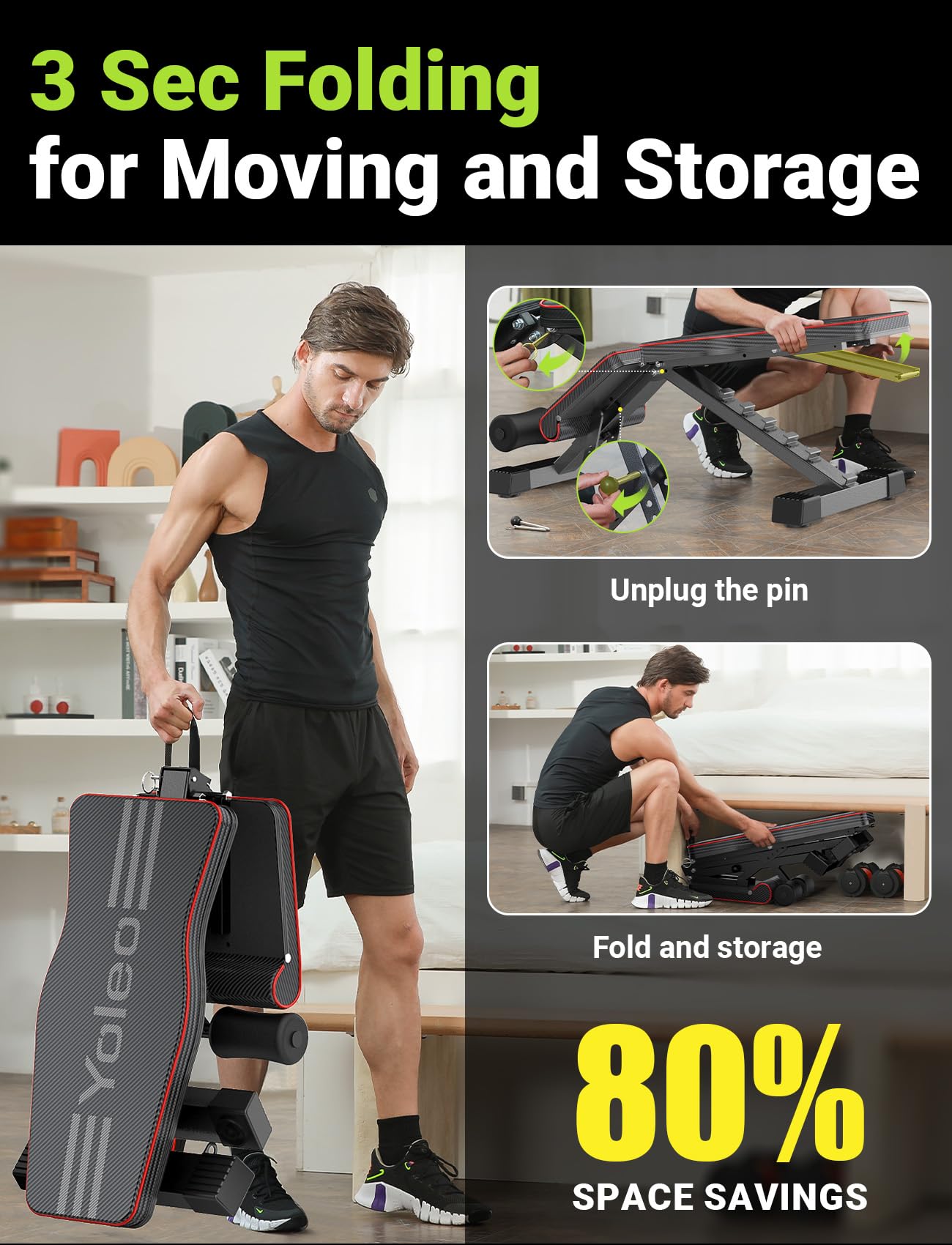 YOLEO Folding Weight Bench Multi-function Training Fitness Bench Ab Trainer Incline Bench with 7-position Adjustable Backrest/4-position adjustable seat cushion, Supporting Weight 300kg, Sit Up Bench.