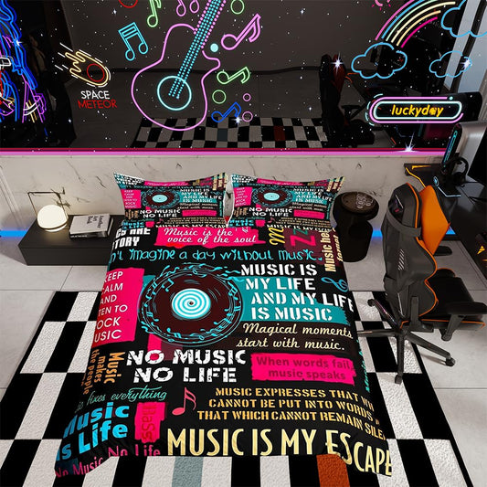 Single bed with duvet cover and 1 pillowcase, musical notes, for kids and adults, music disc, classic, 2-piece