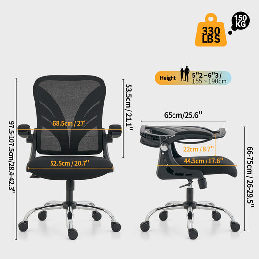 HOLLUDLE Ergonomic Office Chair with Folding Backrest, Desk Chair with Extended Seat (52 cm), Flip-up Armrests and Mesh Lumbar Support Swivel Computer Chair, Black