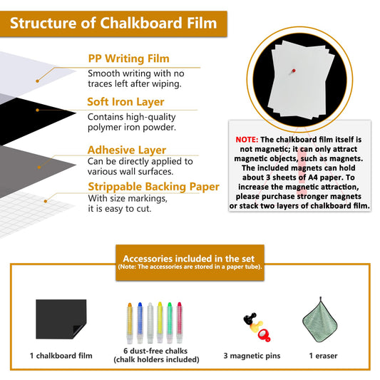 JOMUSAGA Chalkboard Sticker Magnetic Self-Adhesive, 240 x 120 cm Magnetic Film, Wipeable Chalkboard Film, Magnetic Board Film for Home Office School, with Water-Based Chalk Markers & Magnets & Cloths