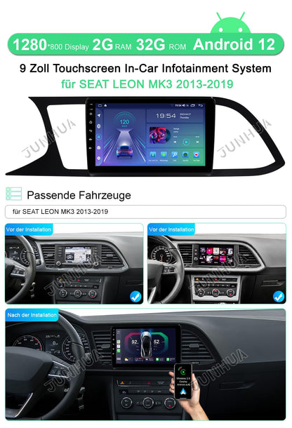 JUNHUA 9" Android 12 car radio with navigation 2G+32G replacement for SEAT Leon MK3 2013-2019, supports Wireless Carplay Android Auto, WiFi Bluetooth 5.1 GPS DSP steering wheel USB.