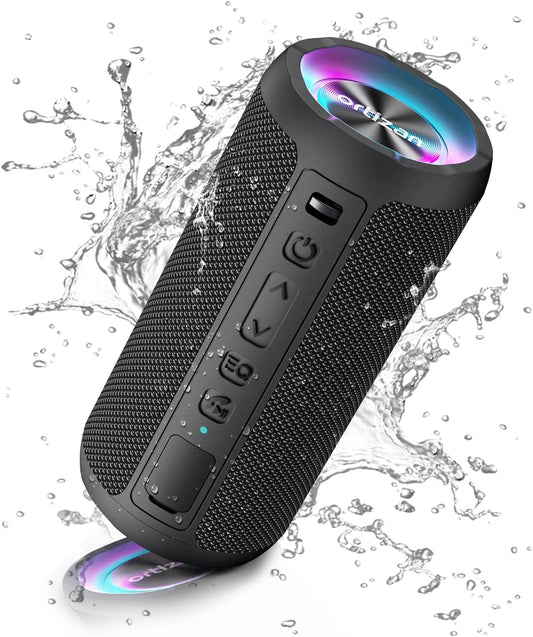 Ortizan Bluetooth speaker with light, portable music box with IPX7 waterproof, dual bass drivers, 30h battery, hands-free function for phone, outdoor use, black.