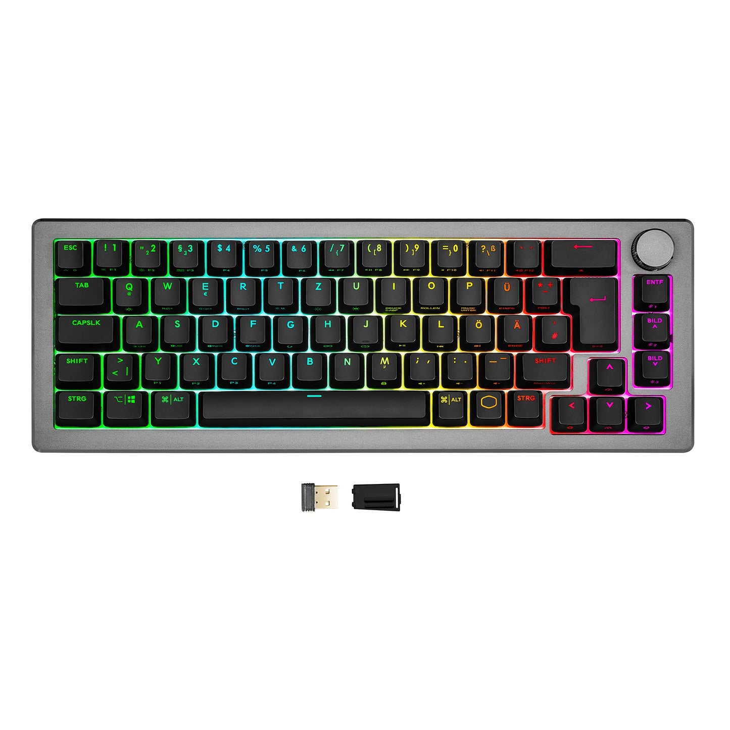 Cooler Master CK721 Mechanical Gaming Keyboard - 65% Layout, Brown Switches, RGB Lighting, Hybrid Wireless Technology, Precision Wheel - Space Grey, DE - QWERTZ