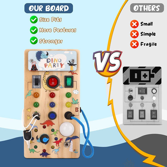 Hello Dinosaur Montessori Busy Board for 1 year old Montessori toy with 8 LED light switch toy Activity Board Wooden toy Motor skills toy Sensory learning toy for babies