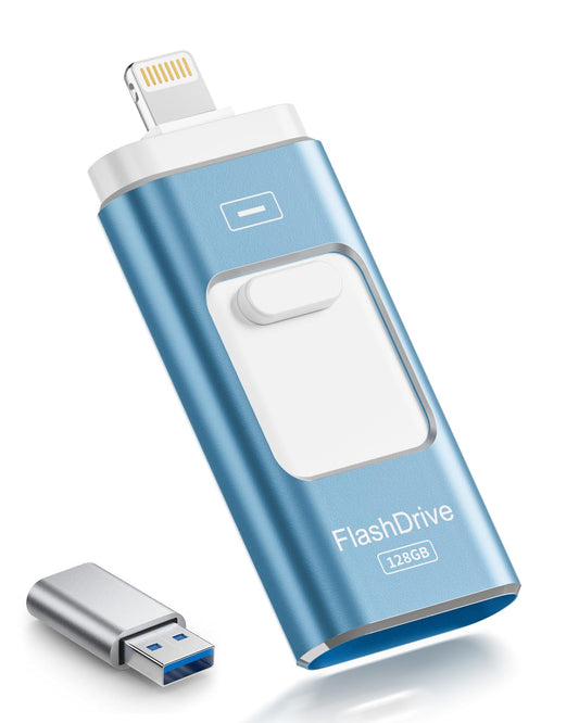 ROSPE USB Stick 128GB for iPhone, MFi-certified Lightning storage stick, 3-in-1 flash drive for iOS/Android/PC, USB 3.0 high-speed memory stick iPhone external storage expansion, Ash Blue