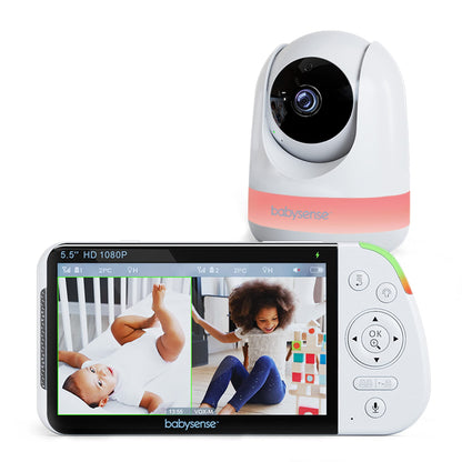 Babysense video baby monitor with camera, No Wi-Fi, 5.5-inch 1080p Full HD display, 6-color night light, 300m range, Two-way audio, 4X zoom, 5000mAh battery.