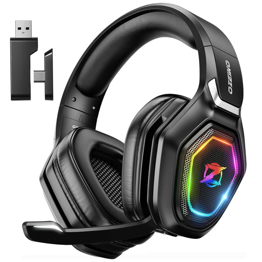 Ocean Wireless Gaming Headset with Microphone, 2.4G & Type-C Transmitter, 30 hour battery life, RGB lighting Gaming Headphones for PS5, PS4, PC, Phone