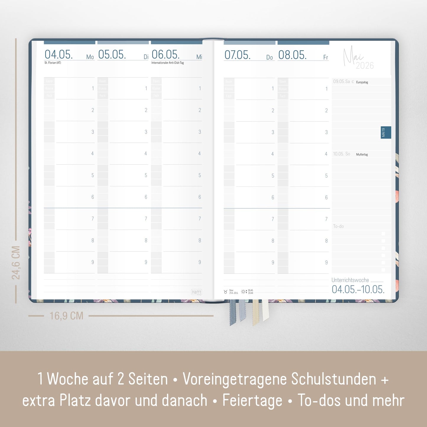 Häfft® Teacher Planner 2025/2026 A5 + "Flying Flowers" Hardcover Teacher Calendar/School Year Planner with 236 pages, stickers, and more - sustainable & environmentally friendly.