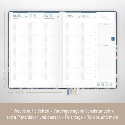 Häfft® Teacher Planner 2025/2026 A5 + "Flying Flowers" Hardcover Teacher Calendar/School Year Planner with 236 pages, stickers, and more - sustainable & environmentally friendly.