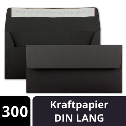 300x Craft paper envelopes DL size - Black ECO - Self-adhesive 11 x 22 cm - 120 gsm wide flap - Vintage envelopes - by NEUSER PAPIER