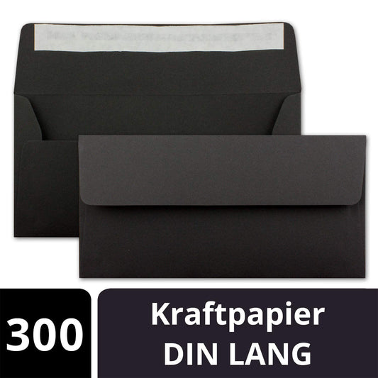 300x Craft paper envelopes DL size - Black ECO - Self-adhesive 11 x 22 cm - 120 gsm wide flap - Vintage envelopes - by NEUSER PAPIER