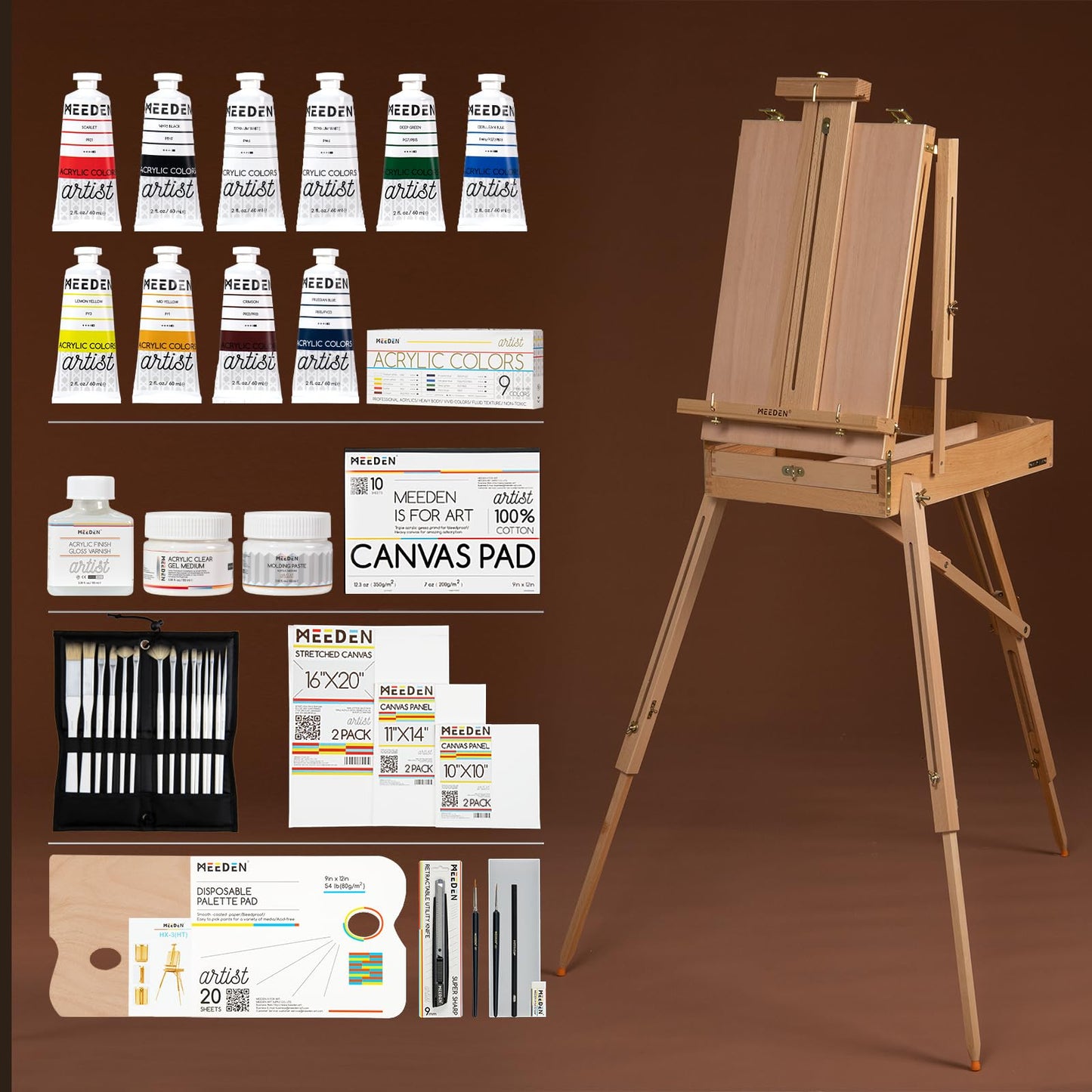MEEDEN Wooden Easel, Large H-Frame Easel Set with Acrylic Paints, Brushes, Canvases, Palette, Tabletop Easel Canvas Stand for Artists and Adults, holds canvases up to 86cm.