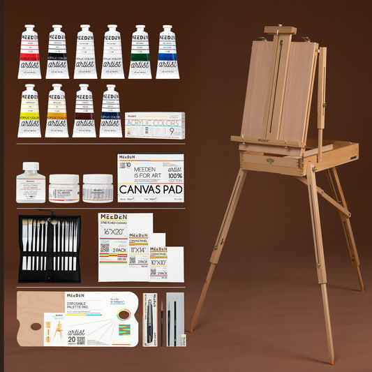 MEEDEN Wooden Easel, Large H-Frame Easel Set with Acrylic Paints, Brushes, Canvases, Palette, Tabletop Easel Canvas Stand for Artists and Adults, holds canvases up to 86cm.