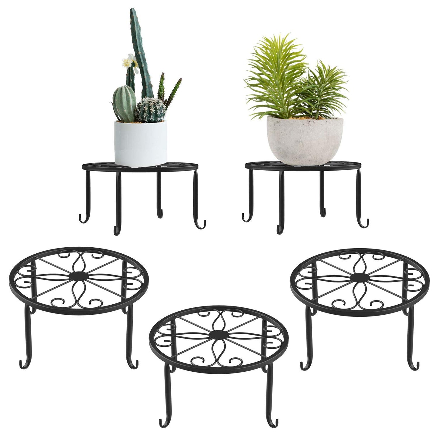 Lewondr Plant Stand, 3 Pack Retro Style Vine Pattern Flower Pot Stands Wrought Iron Flower Pot Holder, Round Decorative Flower Stool Pot Stand for Indoor and Outdoor Areas - Black