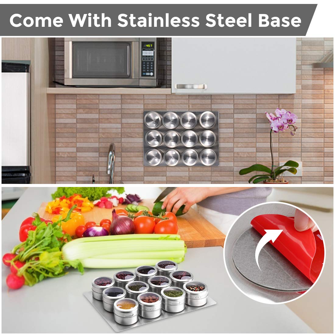 Aiyola magnetic spice jars 12-piece set with wall base, stainless steel lids easy to clean includes 120 labeling stickers