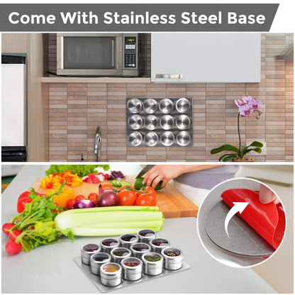 Aiyola magnetic spice jars 12-piece set with wall base, stainless steel lids easy to clean includes 120 labeling stickers