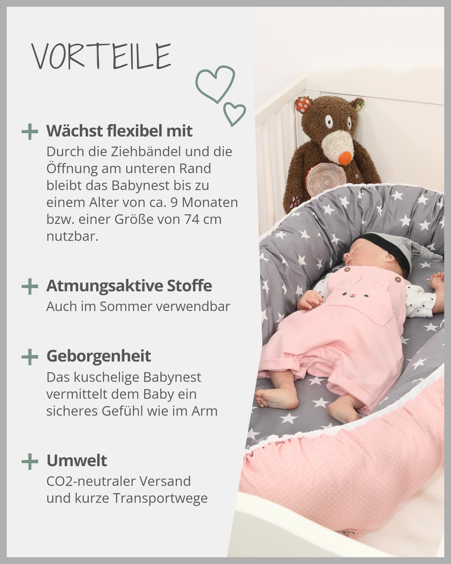 ULLENBOOM Baby Nest - 100% OEKO-TEX materials & Made in EU, Pink Grey - Newborn baby nest made of cuddly cotton, ideal for use as a travel bed & cuddle nest.