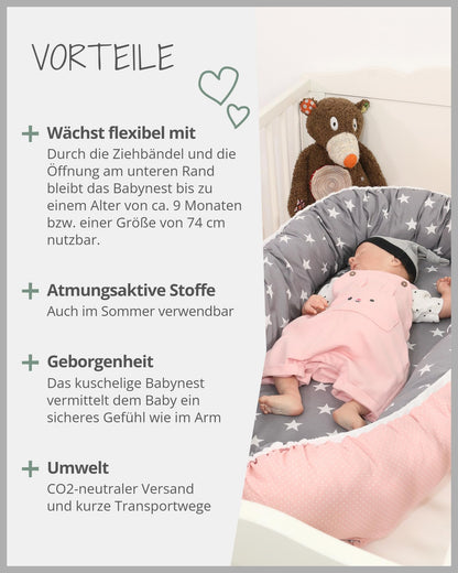 ULLENBOOM Baby Nest - 100% OEKO-TEX materials & Made in EU, Pink Grey - Newborn baby nest made of cuddly cotton, ideal for use as a travel bed & cuddle nest.