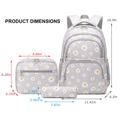 SIVENKE school backpack for girls, teenagers, and women. Daisy design set includes backpack, lunch bag, and pencil case for school and leisure.