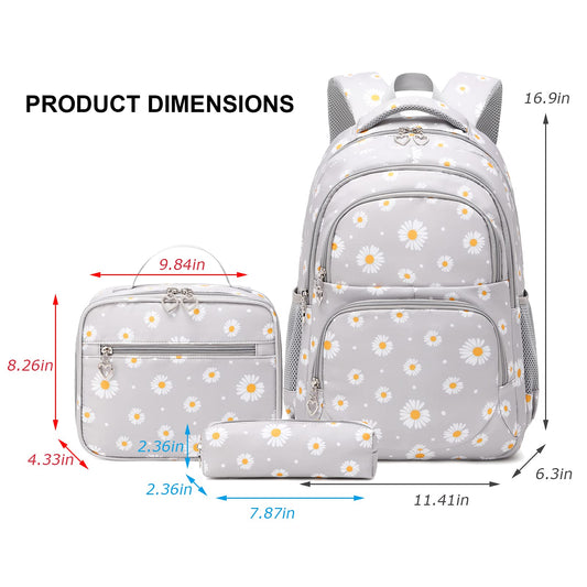 SIVENKE school backpack for girls, teenagers, and women. Daisy design set includes backpack, lunch bag, and pencil case for school and leisure.