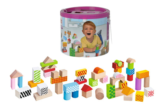 Squirrel - Colorful wooden building blocks - 50 pieces in box, blocks with printing, made of birch wood & 100 colorful wooden building blocks in storage box with cord and sorting lid