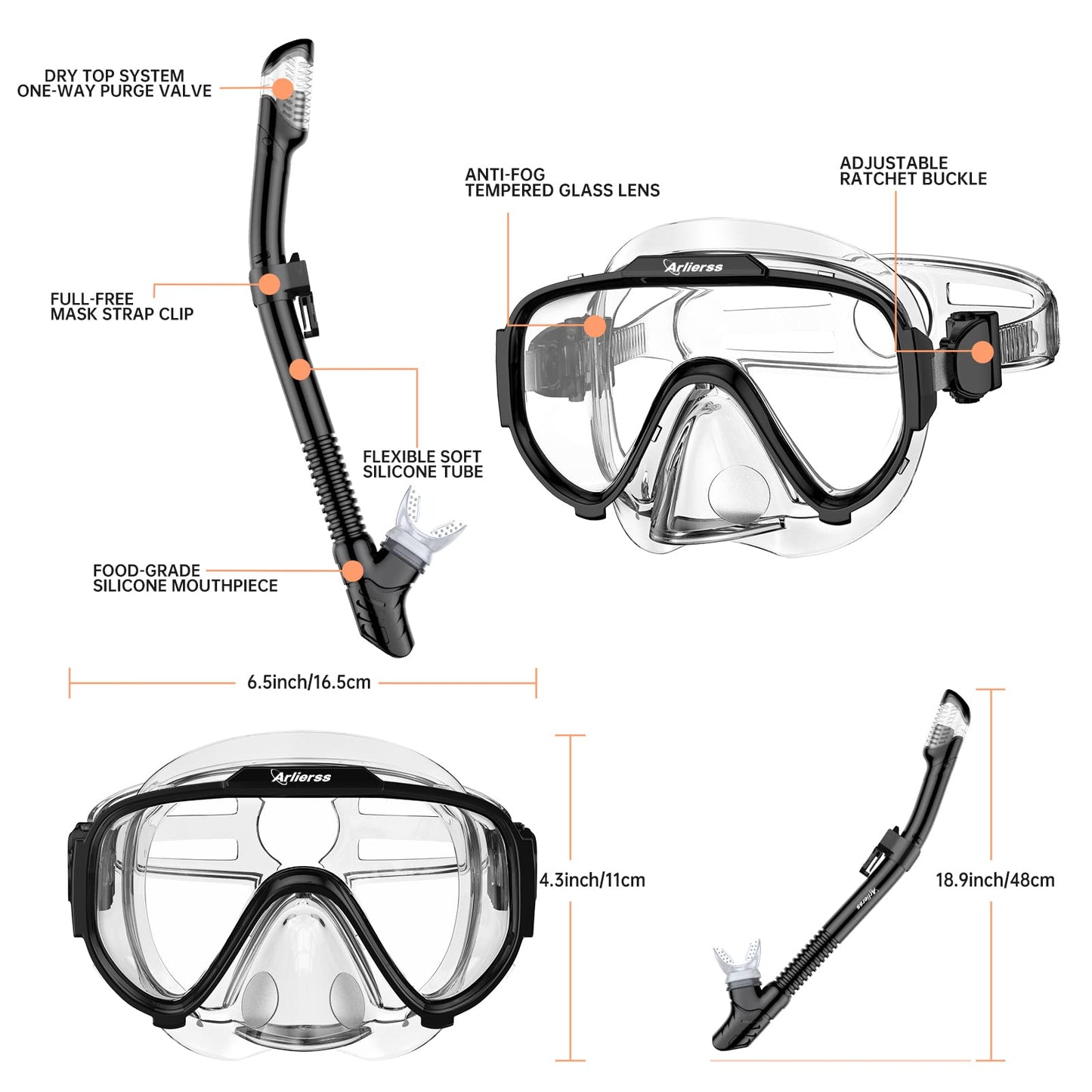 Arlierss diving mask, snorkel set with snorkel and diving mask, 180° panoramic HD tempered glass anti-fog anti-leak premium dry snorkel for adults.
