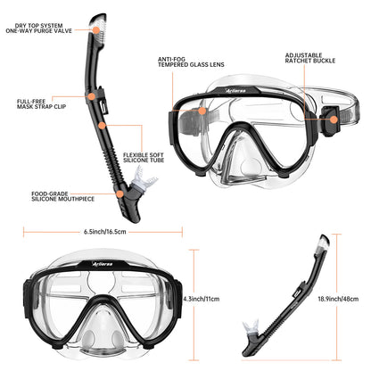 Arlierss diving mask, snorkel set with snorkel and diving mask, 180° panoramic HD tempered glass anti-fog anti-leak premium dry snorkel for adults.