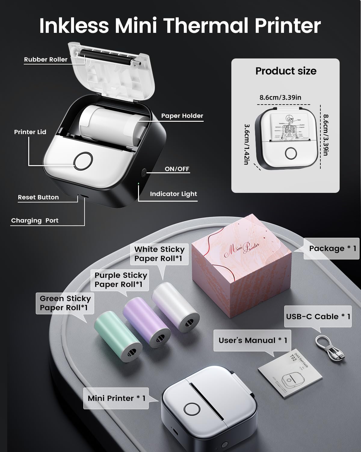 Mini printer for smartphone - sticker printer T02 Portable mini printer Inkless print pods Bluetooth pocket printer Phone printer for study graphics, anatomical diagrams, photos, journal