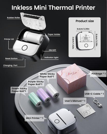 Mini printer for smartphone - sticker printer T02 Portable mini printer Inkless print pods Bluetooth pocket printer Phone printer for study graphics, anatomical diagrams, photos, journal