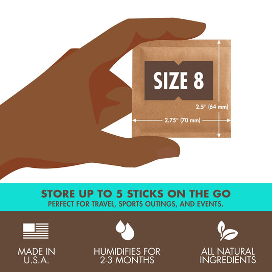 Boveda for cigars/tobacco | 2-way moisture regulation at 75% Relative Humidity | Size 8 protects up to 5 cigars | patented technology for cigar humidors | resealable packaging of 10 pieces