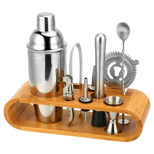 High-quality cocktail shaker set, 10-piece cocktail mixer set, made of stainless steel, with bamboo storage, including cocktail shaker, jigger, pourer, bar muddler, bar spoon, ice tongs, opener, jigger.