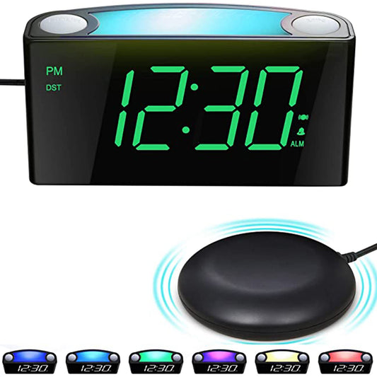 Vibrating alarm clock for deaf and heavy sleepers, alarm with loud sound, bed shaker, Type-C charger, large LED display with dimmer, color-changing night light, battery backup, desktop bedroom travel clock.