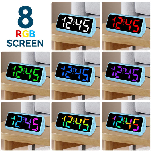 Loud alarm clock for heavy sleepers, Digital Alarm Clock with Colorful Display, Dual alarms, 5 brightness levels, 4 volume levels, Snooze function, Bedside Alarm Clock for kids, teens, seniors, and heavy sleepers.