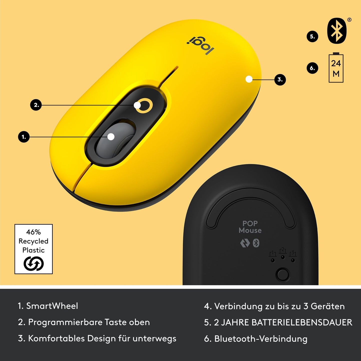 Logitech POP Mouse, wireless mouse with customizable emojis, SilentTouch technology, precise/fast scrolling, compact, Bluetooth, multi-device, OS compatible - Yellow/Black
