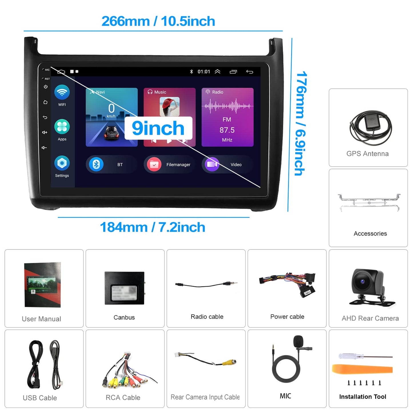 CAMECHO Android 13 car radio for VW Polo 6R 6C 9N 2008-2016, HiFi Carplay Android Auto RDS, 9" screen Double Din car radio with navigation FM WiFi Bluetooth and USB+backup camera.
