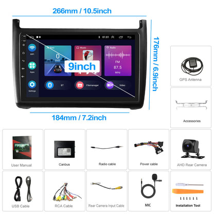 CAMECHO Android 13 car radio for VW Polo 6R 6C 9N 2008-2016, HiFi Carplay Android Auto RDS, 9" screen Double Din car radio with navigation FM WiFi Bluetooth and USB+backup camera.