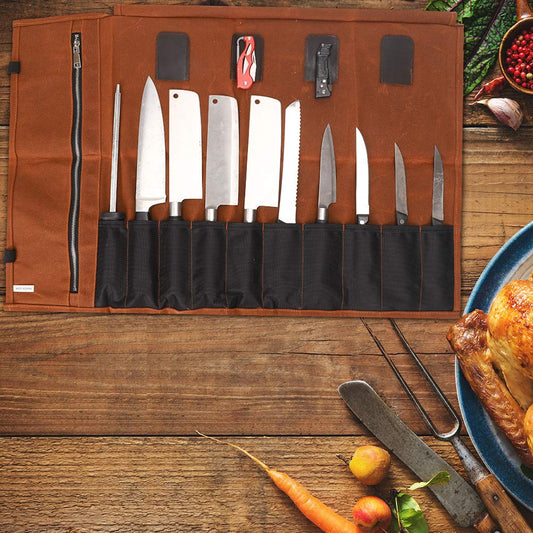 QEES Chef Knife Roll Bag 16 Oz waxed canvas waterproof zipper tool bag 15 slots kitchen gadgets small knives display storage bag gift for dad husband