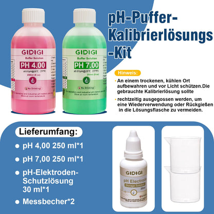 pH meter calibration solution kit, includes pH 4.00, 7.00, and pH electrode storage solution, pH calibration buffer solution 250 ml*2, pH probe storage solution 30 ml*1, pH tester accessories.