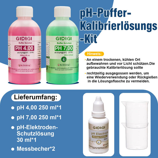 pH meter calibration solution kit, includes pH 4.00, 7.00, and pH electrode storage solution, pH calibration buffer solution 250 ml*2, pH probe storage solution 30 ml*1, pH tester accessories.