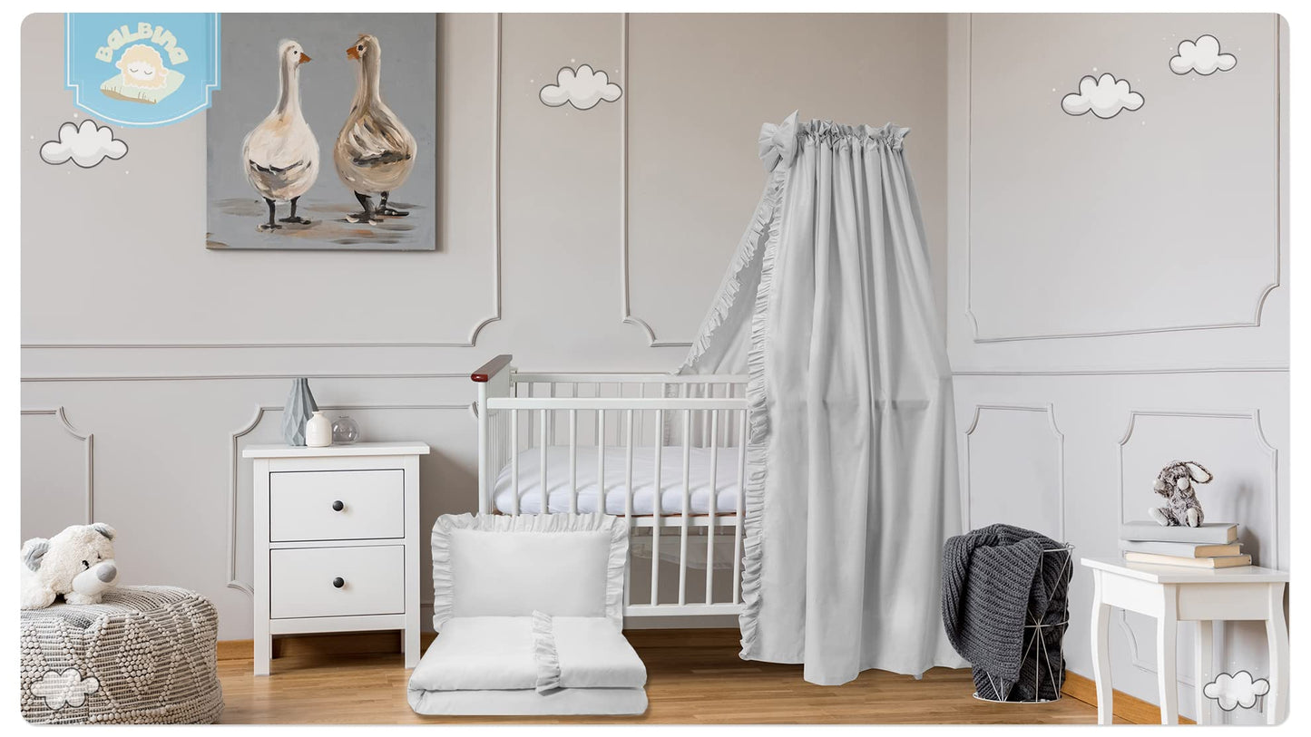 Balbina canopy 100% cotton, decoration set for crib, bed canopy with ruffle & bow, mosquito net for nursery, opaque bed curtain without canopy rod, 240 x 165 cm, powder pink light.