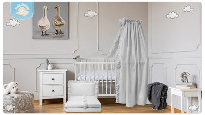 Balbina canopy 100% cotton, decoration set for crib, bed canopy with ruffle & bow, mosquito net for nursery, opaque bed curtain without canopy rod, 240 x 165 cm, powder pink light.
